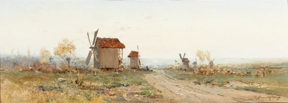 SERGEI VASILKOVSKY (1854-1917) Ukrainian landscape with windmills