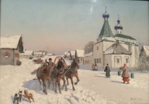 ANDREI EGOROV (1878-1954) Russian village with troika