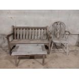 A Wooden Garden Bench, Table & Wheelback Carver Chair