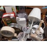 A Box Of Kitchenalia - Meat Mincer, Lamps Etc