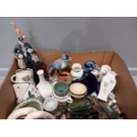 A Box Including Small Belleek Vase, Assorted Trinkets, Thimbles Etc