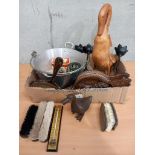 A Box Including An Aluminium Jam Pan, Wooden Duck, Bellows, Candlesticks, Brushes Etc