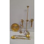 A Box Of Brassware Including Companion Set, Candleholders, Tray Etc