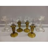 4 German Hock Glasses in Olive Green & 2 Glass Candlesticks (1 Candlestick Damaged)