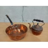 An Antique Copper Metal Handled Pan & A Copper Kettle