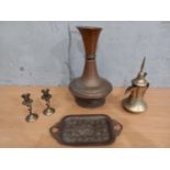 A Copper Vase, 2 Brass Candlesticks, Brass Jug & Tray