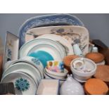 A Box Of Assorted Dinnerware, Storage Jars Etc