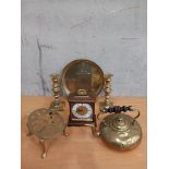 2 Brass Candlesticks, Kettle, Trivet, Tray & Mantel Clock