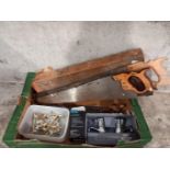 A Box Including Saws, Taps Etc