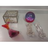 A Box Including Glass Paperweight, 2 Glass Carver Rests, Jewellery Box Etc