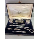 An Antique 8 Piece Silver Manicure Set In Case (Slight Damage) Chester 1918 & Needle Holder