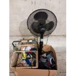 A Box Including An Electric Fan, Basket & 3 Pairs Boots