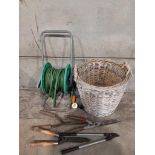 A Garden Hose Reel, Wicker Basket & Garden Shears Etc