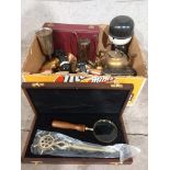 A Box Of Assorted Cutlery, Brassware Etc