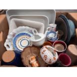 A Box Including Casserole Dishes, Mugs, Jelly Mould Etc