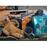 A Box Including Binoculars, Teddy Bear, Records, Recorder, Babycham Bottle & Glass Etc