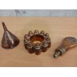 A Copper Funnel, Jelly Mould & Powder Flask