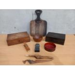 A Box Including Treen Boxes, Bowls, Bread Board Etc