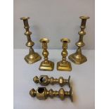 2 Pairs Brass Candlesticks & 2 Brass Fireplace Brackets