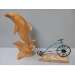Miniature Metal Bicycle & Wooden Dolphin Figure (Damaged)