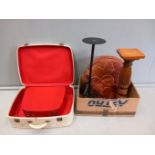 Box Including Metal Candleholder, Pouffe, 2 White Suitcases Etc