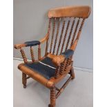 Walnut & Leather Beaded Armchair (Some Damage)