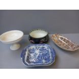 2 Maling Dishes, Wedgwood Fruit Stand & Blue & White Dish (Some Damage)