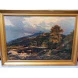 Cattle Scene Print In Gilt Frame & Oil On Canvas - River Scene