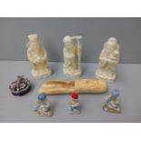 Box 3 Chinese Style Figures, Vintage Carved Tea Scoop, 3 Small Figures, Trinket Box Etc