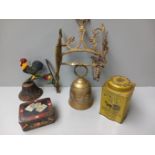 Brass/Metal Bell, Cockerel Bell & 2 Old Tins