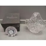 Waterford Crystal Shell Desk Clock In Original Box & Cut Glass Basket