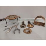 Box Including Horse Brasses, Brass Trivet, Buckle Etc