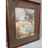 Watercolour - Flying Ducks By B Lewis 1959 In Frame H67cm x W57cm
