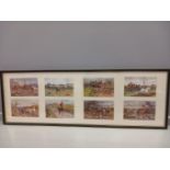 8 Vintage Hunting Postcards In Frame H27cm x W78cm