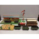 Box Including Tin Trains, Station, Signal Post, Crossing & Quantity Track