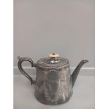 Plated Teapot & Beaten Pewter Biscuit Barrel