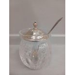 Glass Preserve Pot With Silver Lid & Spoon Birmingham 1953