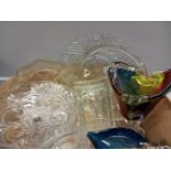 Box Including Glass Cake Plates, Fruit Bowl, Coloured Glass Vase, Dish Etc