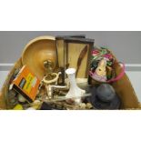 Box Including Wood/Brass Nutcracker, 2 Brass Vases, Plated Pickle Forks In Case, Golf Balls Etc