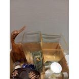Box Including Glass Vase, Candleholders, Wooden Duck Etc