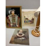 Box Including Needlework Picture, Collage Henry VIII, Print, Lamp, Puppet In Box, Magic Image Projec