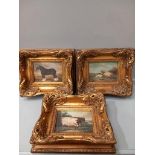 3 Prints On Board In Gilt Frames (Horse, Cow, Sheep) H28cm x W32cm