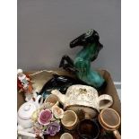 Box Of Assorted China - Horse Figure, Dolphin, Teaware Etc