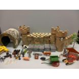 Box Including Plastic Model Castle, Train Accessories, Farm Animals Etc
