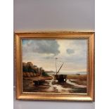 Oil On Canvas - Coastal Scene In Gilt Frame H60cm X W69cm