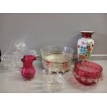 Box Including Cut Glass Basket, Painted Glass Vase, Red Glass Cream & Sugar (Damaged) Etc