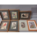 7 Miniature 'J & J Cash Limited' Woven Bird Pictures In Frames & 2 Prints