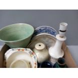 Box Including Lovatts Green Vase, Blue & White Plates, Lamp Etc