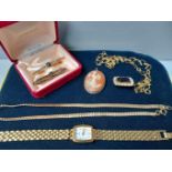 Box Including Brooches, Chains, Watch Etc