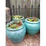 3 Green Glazed Planters